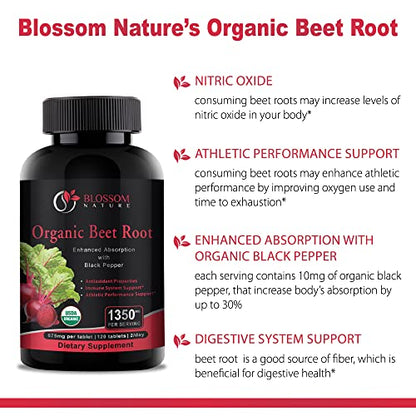 Organic Beet Root Powder 1350mg with Black Pepper-Nitric Oxide Booster, Digestive System, Athletic Performance-120 Tablets,675mg of Organic Beet Powder per Tablet