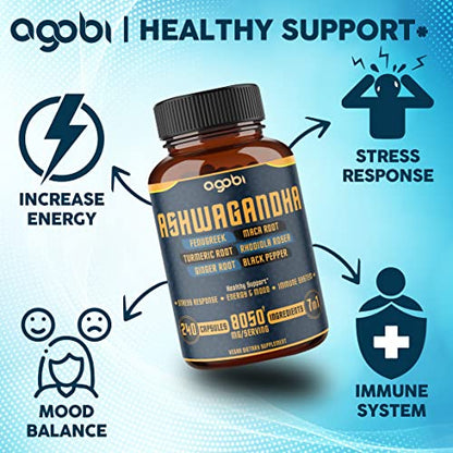 240 Capsules - 8 Month Supply - 7in1 Ashwagandha 8050mg - Combined With Fenugreek agobiBuy Supplements Australia