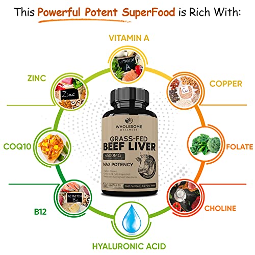 Grass Fed Desiccated Beef Liver Capsules (180 Pills, 750mg Each) - Natural Iron, Vitamin A Wholesome WellnessBuy Supplements Australia