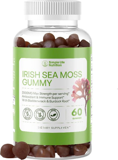 Simple Life Nutrition Organic Irish Sea Moss Gummies - Burdock Root and Bladderwrack Natural Blend - Immune System Gut Cleanse & Thyroid Supplement - Skin and Nail Health - 60CT Simple Life NutritionBuy Supplements Australia