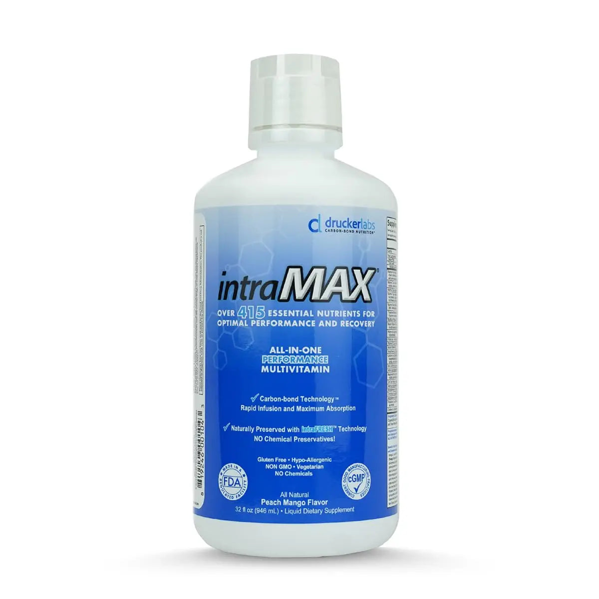 Drucker Labs - intraMAX Organic Liquid Multivitamin, Non GMO, Dairy Free, Gluten Free, Magnesium, Vitamin D, C and E, Zinc (32 oz., Peach Mango) Drucker LabsBuy Supplements Australia