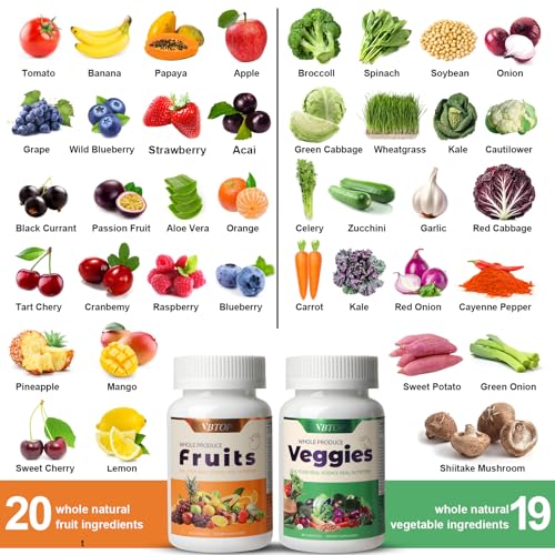 VBTOP Fruit & Vegetable Supplement - Natural Ingredients - 2 Bottles - 180 Capsules Total | A Blend of 20+19 Natural Whole Fruits & Vegetables, a Fresh superfood Formula Rich in Vitamins and Minerals VBTOPBuy Supplements Australia