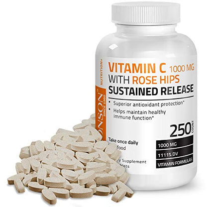 Bronson Vitamin C 1000 mg with Rose Hips Sustained Release, 250 Tablets
