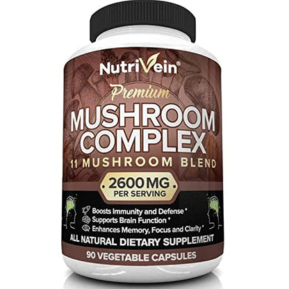 Nutrivein Mushroom Supplement - 2600mg - 90 Capsules - 11 Organic Mushrooms 