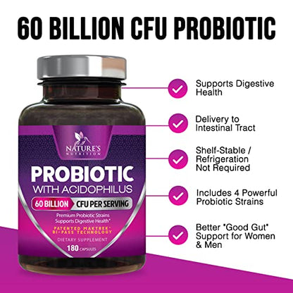 Probiotics, 60 Billion CFU per Serving, Probiotic with Prebiotics for Digestive & Immune Health Nature's NutritionBuy Supplements Australia