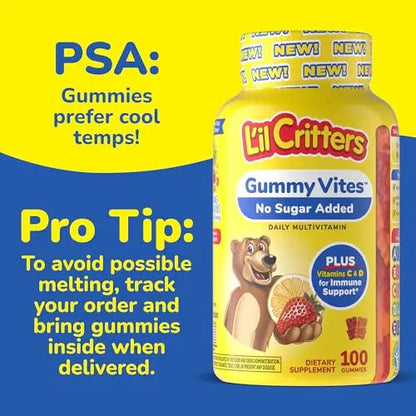 L’il Critters Gummy Vites No Sugar Added Daily Gummy Multivitamin for Ages 2+ Toddlers & Kids, Vitamin C, D3 for Immune Lil Critters