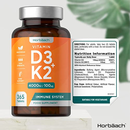 Vitamin D3 K2 High Strength Tablets | 365 Count | Vitamin D3 4000iu and Vitamin K2 MK7 HorbäachBuy Supplements Australia