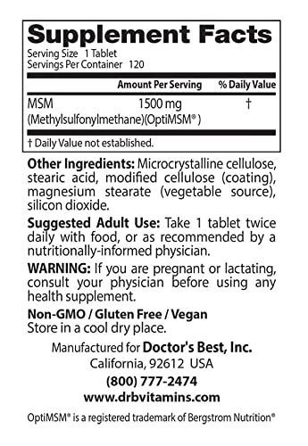 Doctor's Best MSM with OptiMSM, Non-GMO, Gluten Free, Joint Support, 1500 mg Doctor's BESTBuy Supplements Australia