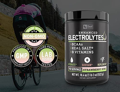 Enhanced Electrolyte Powder (Strawberry Kiwi | 90ct.) Sugar Free + BCAA, B-Vitamins Zeal NaturalsBuy Supplements Australia