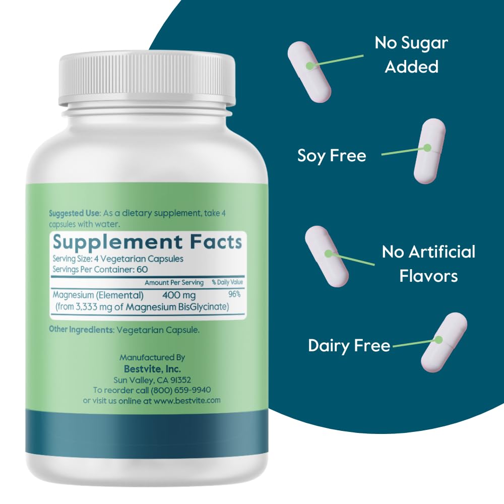 BESTVITE Filler-Free Magnesium Glycinate - 400mg of Magnesium per Serving (240 Veg Caps)- Chelated Bisglycinate for Muscle, Relaxation, Stress & Sleep Support* - For Men & Women - No Stearates - Vegan BESTVITEBuy Supplements Australia