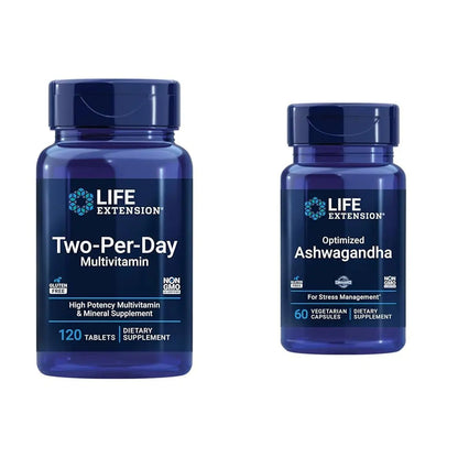 Life Extension Two-Per-Day 120 Tablet Multi-Vitamin & 60 Capsule Optimized Ashwagandha Stress Relief Supplement Bundle Life ExtensionBuy Supplements Australia