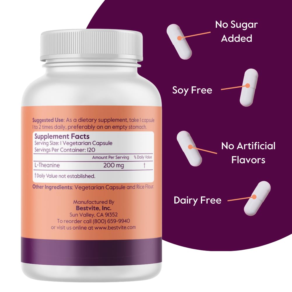 BESTVITE L-Theanine 200mg (120 Vegetarian Capsules) - No Stearates - Vegan - Non GMO - Gluten Free BESTVITEBuy Supplements Australia