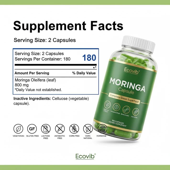 ECOVIB Moringa Capsules – 180 Vegan Capsules | Organic Superfood for Energy, Immunity & Detox ECOVIBBuy Supplements Australia