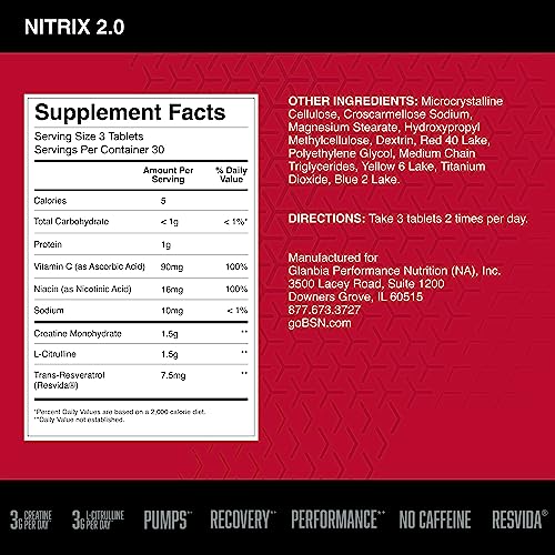 BSN NITRIX 2.0 - Nitric Oxide Precursors, 3g Creatine, 3g L Citrulline - Supports Workout BSNBuy Supplements Australia