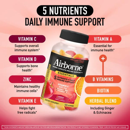 Airborne 400mg Vitamin C Gummies for Adults & Children, Immune Essentials Daily Immune Support Supplement with Vitamins C & E - Orchard Fruit Flavor, 132 Gummies (Pack of 2) AirborneBuy Supplements Australia