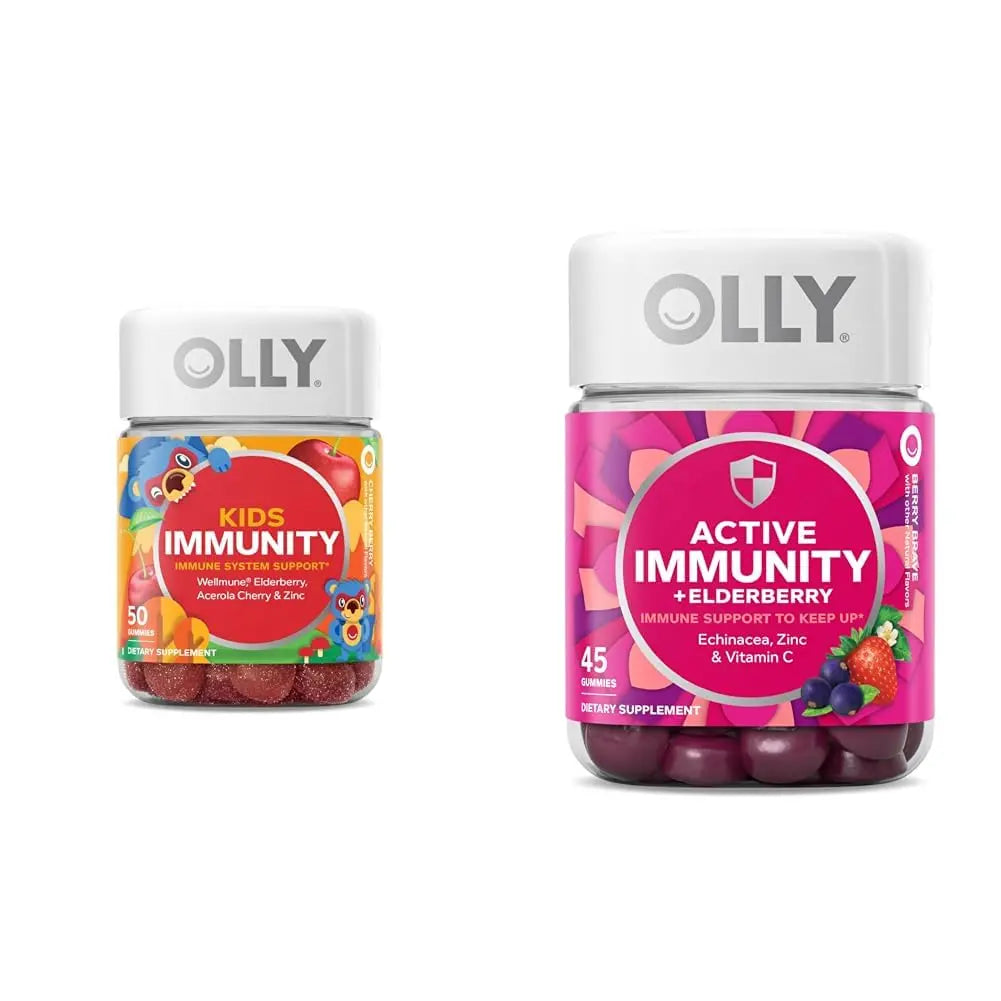 OLLY Kids Immunity Gummy, Immune Support, Wellmune, Elderberry, Vitamin C, Zinc, Chewable Supplement, Cherry - 50 Count & Gummy Active Immunity+Elderberry, 45 Gummies (1 Pack), Berry Flavor OLLYBuy Supplements Australia