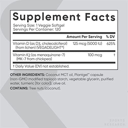 Sports Research Vitamin D3 + K2 with 5000iu of Plant-Based D3 & 100mcg of Vitamin Sports ResearchBuy Supplements Australia