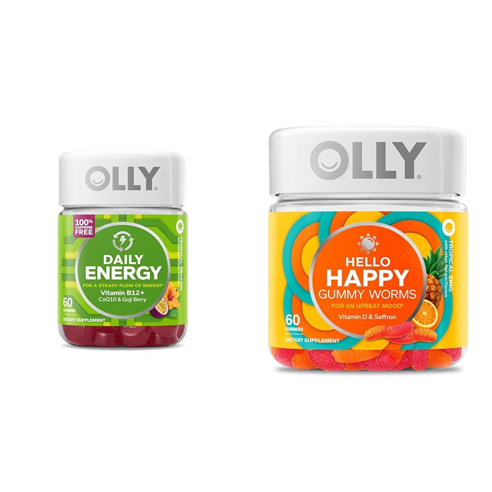 OLLY Daily Energy Gummy, Caffeine Free, Vitamin B12, CoQ10, Goji Berry, Adult Chewable Supplement & Hello Happy Gummy Worms, Mood Balance Support, Vitamin D, Saffron, Adult Chewable Supplement OLLYBuy Supplements Australia