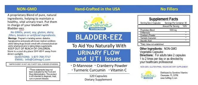 Sunshine Vitamins Bladder-EEZ | All-Natural Bladder Infection UTI Relief Support for Women with D-Mannose | Urinary Tract Infection Health with Immune System Support (1 Bottle of 120 Capsules) Sunshine VitaminsBuy Supplements Australia