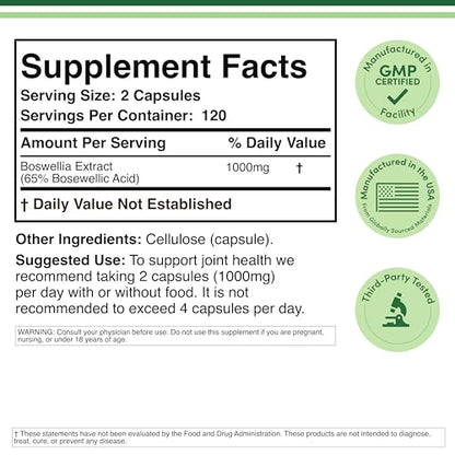 Boswellia Serrata - 240 Capsules (Max Strength 1,000mg of 65% Boswellic Acid Extract) Boswellia Extract Capsules (Joint Support Supplement for Joint Health) Third Party Tested by Double Wood Double Wood SupplementsBuy Supplements Australia