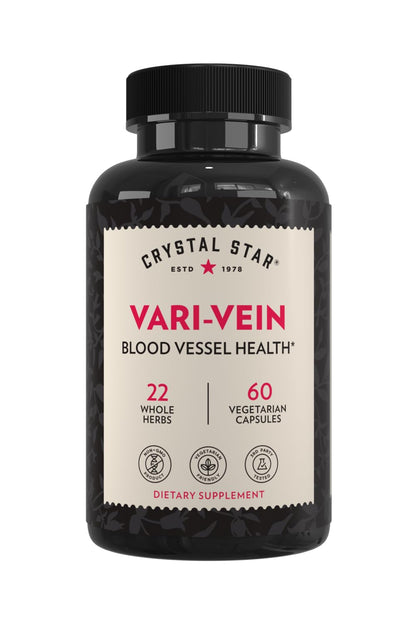 Crystal Star Vari-Vein (60 Capsules) - Herbal Circulation Support Supplement for Varicose Veins & Spider Veins Treatment - Witch Hazel, Butcher’s Broom, Hawthorn & Horse Chestnut- Non-GMO Crystal StarBuy Supplements Australia