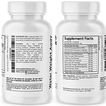 Youth & Tonic Natural Water Pills (90 Count) for Swelling Belly Bloating