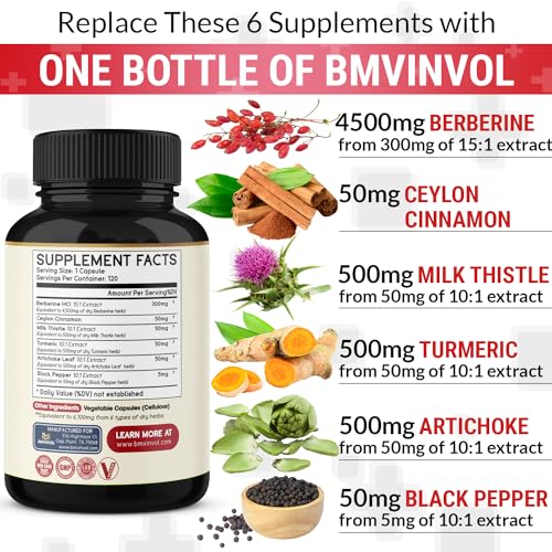 BMVINVOL Premium Berberine HCl 6-in1 Equivalent 6100mg - 120 Capsules - Plus Ceylon BMVINVOLBuy Supplements Australia