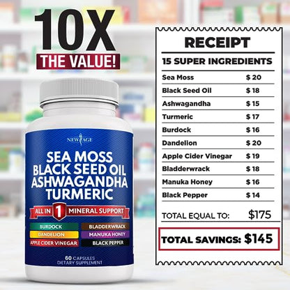 Silica Sea Moss 3000mg Black Seed Oil 2000mg Ashwagandha 1000mg Turmeric 1000mg NEW AGEBuy Supplements Australia