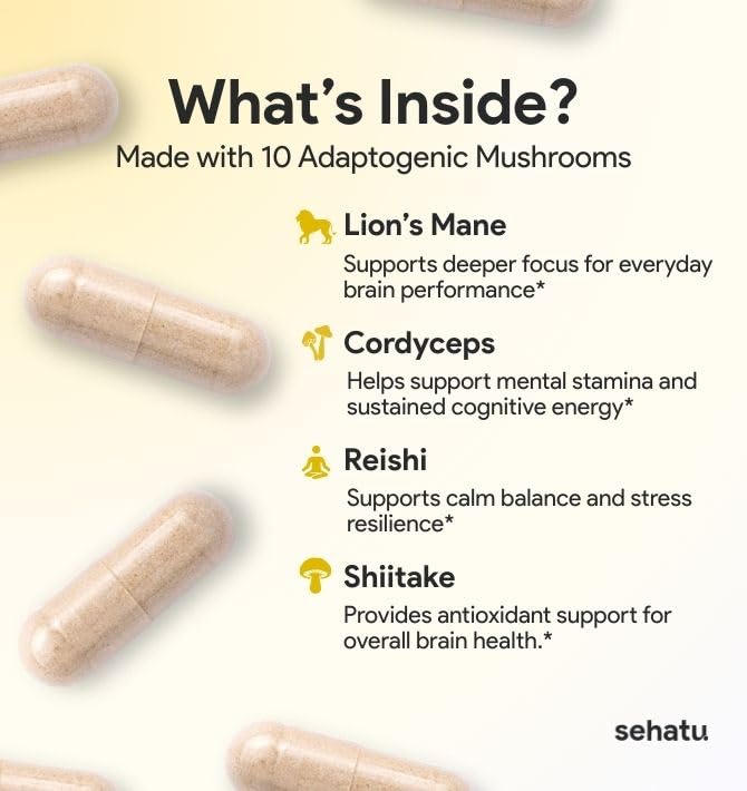 SEHATU Clarity Plus Cognitive Wellness Supplement | Packed with 10 Powerful Adaptogenic Mushrooms | Clear Brain Fog and Support Mental Clarity | 60 Count | 30 Day Supply SEHATUBuy Supplements Australia