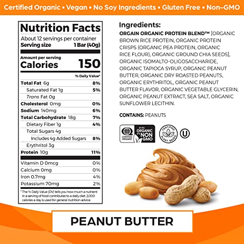 Orgain Organic Vegan Protein Bars, Peanut Butter - 10g Plant Based Protein OrgainBuy Supplements Australia