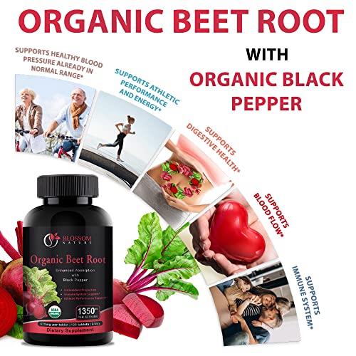 Organic Beet Root Powder 1350mg with Black Pepper-Nitric Oxide Booster, Digestive System, Athletic Performance-120 Tablets,675mg of Organic Beet Powder per Tablet