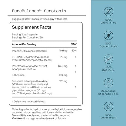 Quality of Life Pure Balance Serotonin Premium–Helps Boost Serotonin & Cortisol Levels - Includes 5-HTP, Venetron, Sensoril, Vitamin D3 & L-Theanine–60 Capsules Quality of LifeBuy Supplements Australia