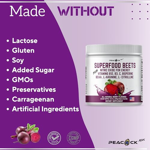 Peacock Max Superfoods Blend Immunity Support Vegan Gluten Free (Beets Nitric Oxide B12 Powder, 1 Pack)