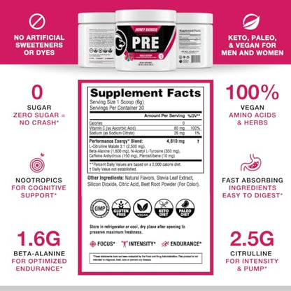 Honey Badger Pre Workout Powder, Keto Vegan Preworkout for Men & Women with Vitamin C Honey BadgerBuy Supplements Australia