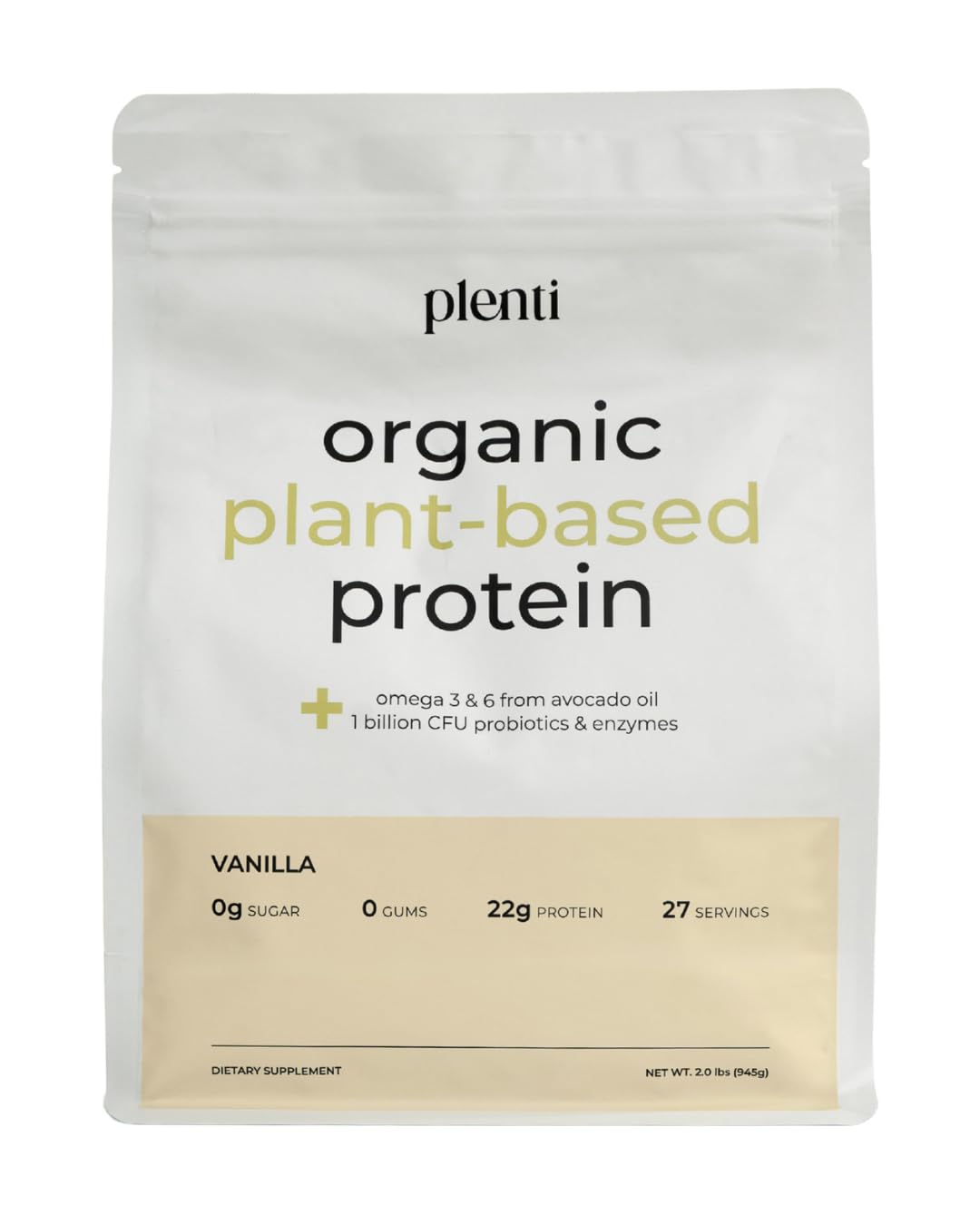 plenti Organic Plant-Based Protein Powder: Vanilla - 20g Pea Protein + Probiotics, Digestive Enzymes & Omega 3-6, Gut Friendly, Sugar Free, 27 Servings (2 lbs) plentiBuy Supplements Australia