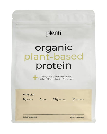 plenti Organic Plant-Based Protein Powder: Vanilla - 20g Pea Protein + Probiotics, Digestive Enzymes & Omega 3-6, Gut Friendly, Sugar Free, 27 Servings (2 lbs) plentiBuy Supplements Australia
