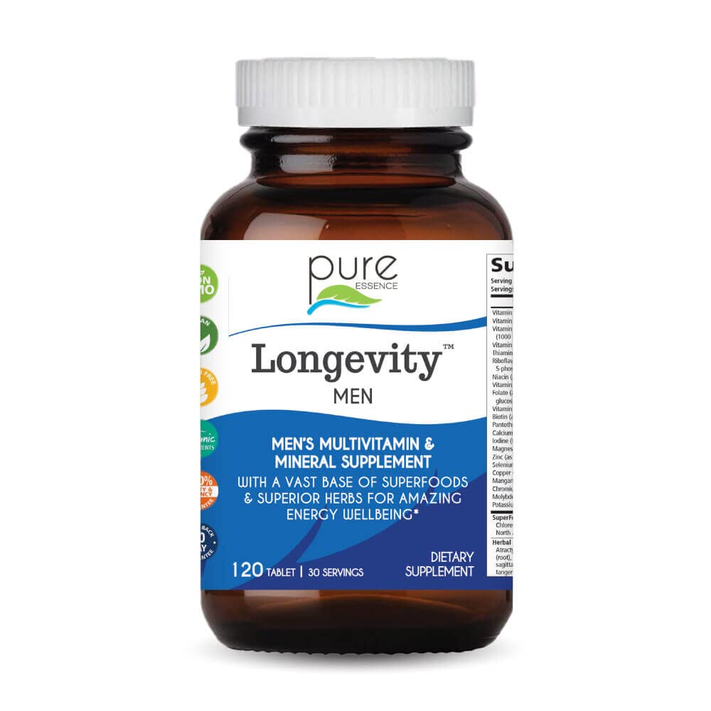PURE ESSENCE LABS Longevity Multivitamin for Men Over 40 - Super Energetic with Superfoods, Minerals, Enzymes, Vitamin D3, B12, Biotin - 120 Tablets PURE ESSENCE LABSBuy Supplements Australia
