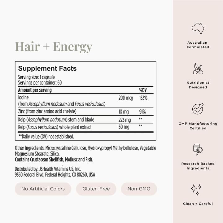 JSHealth Hair Growth Vitamins for Women. Hair + Energy with Kelp Iodine and Zinc. Supports Thickness, Strength, Energy. Nutritionist-Formulated (60 Capsules) JSHealthBuy Supplements Australia