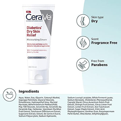 CeraVe Moisturizing Cream for Diabetics’ Dry Skin, Urea Cream with Bilberry for Face and Body, Fragrance Free