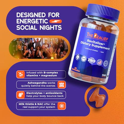 The Realief 60 Count Post Party Gummies – DHM, Milk Thistle & Electrolytes – Wellness Support – Strawberry Flavor – Wake Up Refreshed The RealiefBuy Supplements Australia