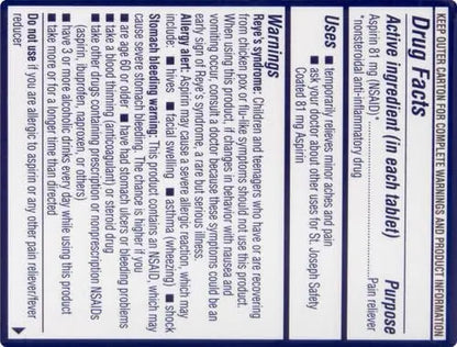 St. Joseph Aspirin Pain Reliever (NSAID) 81mg, Enteric Safety Coated, Adult Low Dose Regimen, 36 ct St. JosephBuy Supplements Australia