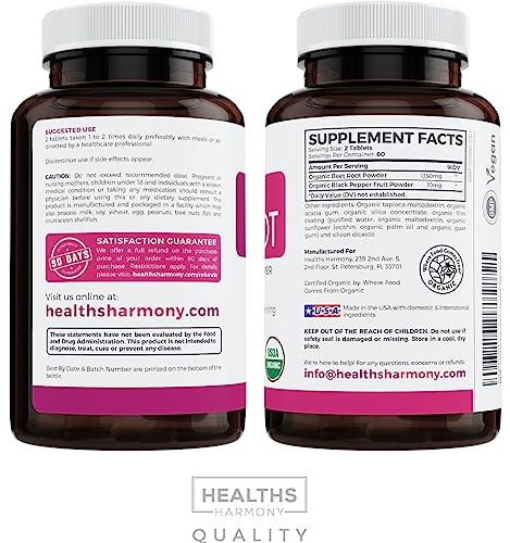 USDA Organic Beet Root Powder (120 Tablets) 1350mg Beets Per Serving with Black Pepper Healths HarmonyBuy Supplements Australia