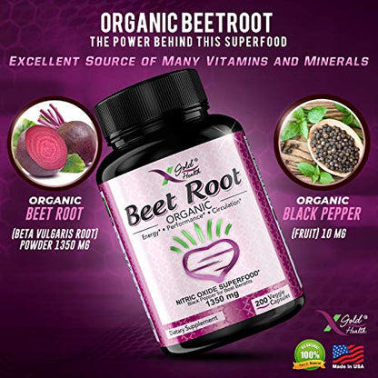 Organic Beet Root Powder 1350mg 200 Veggie caps Superfood Nitric Oxide Strongest X Gold HealthBuy Supplements Australia