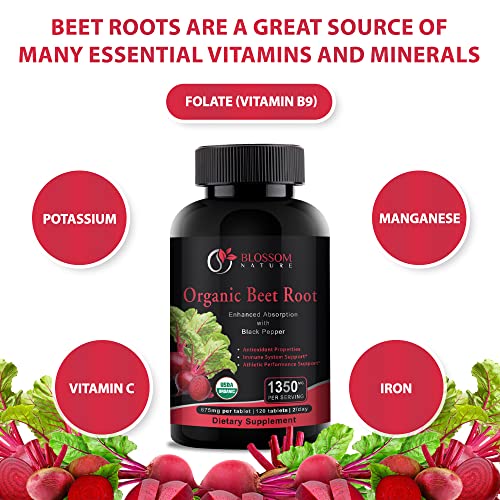 Organic Beet Root Powder 1350mg with Black Pepper-Nitric Oxide Booster, Digestive System, Athletic Performance-120 Tablets,675mg of Organic Beet Powder per Tablet