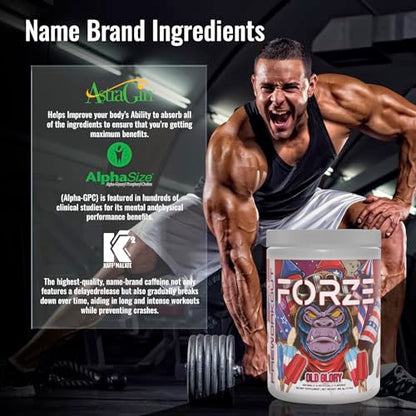 Forze Pre Workout Powder, Beta Alanine, L-Taurine & Dual-Source Caffeine for Sustained Energy. Himalayan Pink Salt, Betaine Anhydrous & L-Citrulline for Pump. No Useless Filler - 14.3 oz (Old Glory)
