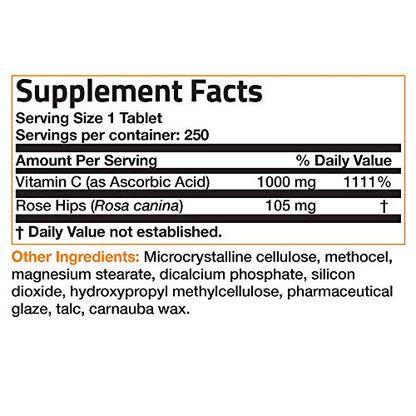 Bronson Vitamin C 1000 mg with Rose Hips Sustained Release, 250 Tablets BronsonBuy Supplements Australia