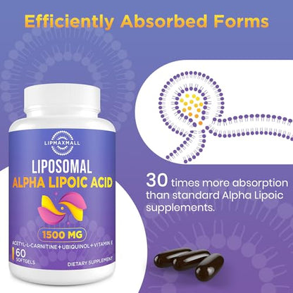 Liposomal Alpha Lipoic Acid 1500mg - with Acetyl-L-Carnitine 900mg & Ubiquinol 100mg lipmaxmallBuy Supplements Australia