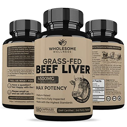 Grass Fed Desiccated Beef Liver Capsules (180 Pills, 750mg Each) - Natural Iron, Vitamin A Wholesome WellnessBuy Supplements Australia