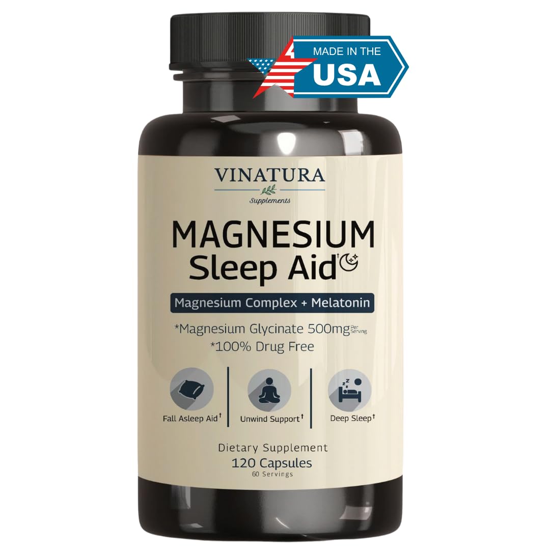 Magnesium Sleep Aid - Magnesium Glycinate Complex for Sleep with Melatonin Supplement - Glycinate 500mg, L-Theanine - 120 Capsules VINATURABuy Supplements Australia