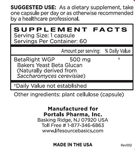 Life Source Basics Immune System Support Activator - High Purity Beta 1,3/1,6 Glucan - Immunity and Vitamin Supplement Non-GMO & Vegan Friendly for Men & Women, Gluten-Free 500 mg - 60 Capsules L LIFE SOURCE BASICSBuy Supplements Australia